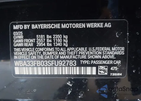 2025 BMW 430I Gran Coupe xDrive z USA, uszkodzony, nr VIN WBA33FB03SFU92783